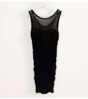 Womens Black See through Tulle Sleeveless Ruched Cocktail Party Mini 