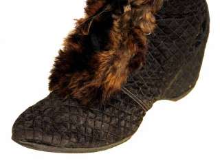Edwardian Quilted Silk/Leather Fur Trim High Boots 1919  