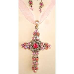  Pink Rhinestone Cross Necklace Earrings Set Jewelry