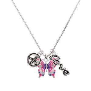 Large Hot Pink & Purple Butterfly, Peace, Love Charm Necklace [Jewelry 