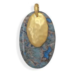  Blue Lace Agate Pendant 14K Gold Plated Hammered Finish 