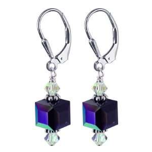 Sterling Silver 8mm Black AB Cube Crystal Earrings Made with Swarovski 