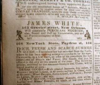1851 New Orleans Daily Crescent newspaper LOUISIANA w SLAVE ADS wNAMES 