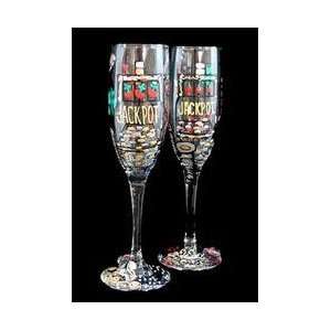 Casino Magic Slots Design   Hand Painted   Set of 2   Champagne Flutes 