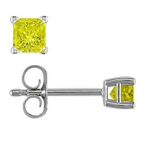  1/4 CT Princess Cut Yellow Diamond Stud Earrings 14k White 
