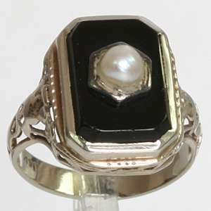 Antique 14K White Gold Pearl & Onyx Art Nouveau Estate Ring SZ 5.75 