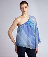 Alcee aquamarine watercolor silk chiffon one shoulder blouse style 