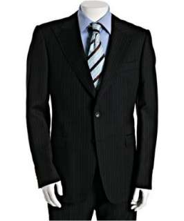 Gucci black triple pinstriped wool 2 button suit with flat front 