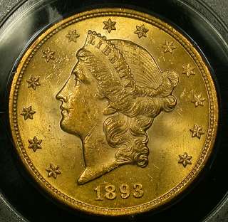 GOLD CAC Sticker Undergraded 1893 PCGS AU58 $20 Liberty Gold Old 