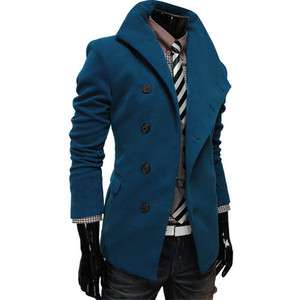   AJK) THELEES Mens NWT Casual Unbalance High neck Slim Coat Jacket BLUE