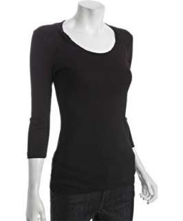 Three Dots black cotton woven detail scoop neck t shirt   up 