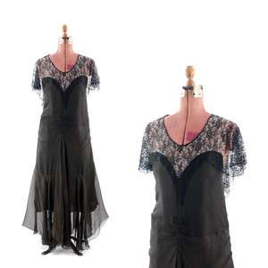 VINTAGE 20s Sheer Black Rayon CHIFFON Floral Lace FLAPPER Sweetheart 