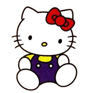 Hello Kitty wearing red bow holding & blue overalls Iron On Transfer 