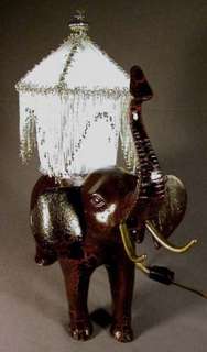 BRASS ELEPHANT LAMP WITH BEADED SILK SHADE  