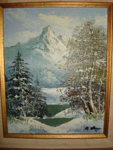Vintage Oil Painting Snow Tree Mountains Gold Frame  