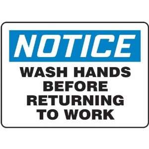 Safety Sign, Notice   Wash Hands Before Returning To Work, 7 X 10 