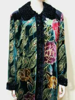 Silk Velvet Opera Coat Duster Black Multi Peacock Design Wearable Art 