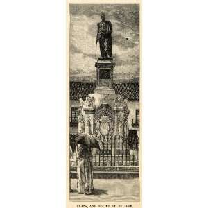  1888 Wood Engraving Statue Simon Bolivar Plaza Bogota Colombia 
