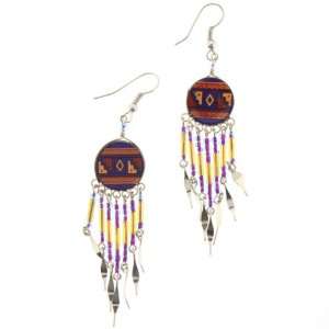com Native American Style Dangling Round Earrings in Purple and Amber 
