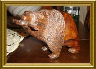 ANTIQUE BLACK FOREST WOOD BEAR SCULPTURE FISHING WITH SALMON IN MOUTH