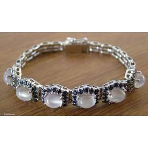    Moonstone and Sapphire Bracelet, Blue Petal Flowers Jewelry