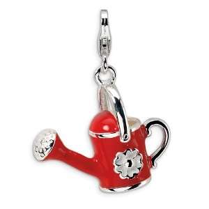   Silver 3 D Enameled Red Watering Can with Lobster Clasp Charm Jewelry