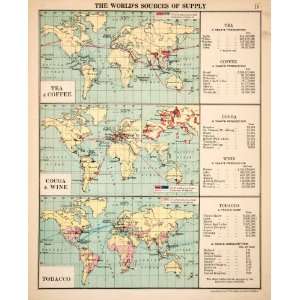  1913 Color Print World Map Export Tea Coffee Cocoa Wine 