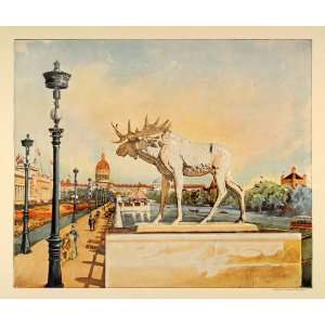 1893 Chicago Worlds Fair Statue of Moose Color Print   Original Print 