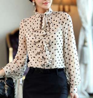   Clothes Ruffle Front high neck polka dot Print Top Shirt Blouse M