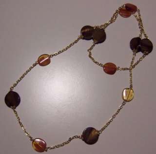 TIGERS EYE AND GLASS AMBER BEADS ON GOLD CHAIN NECKLACE  