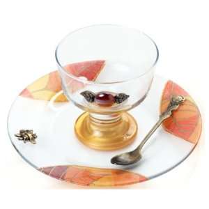  Glass Rosh Hashanah Honey Dish on Stand with Leaf Motif 