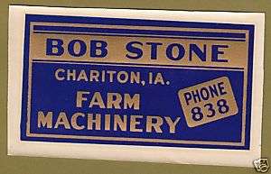 NOS Bob Stone Farm Machinery Decal Chariton IA 1948  
