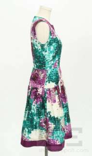 Oscar de la Renta Purple & Green Silk Print Sleeveless Dress R10 Size 