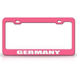 GERMANY Country Steel Auto License Plate Frame Tag Holder, Pink/White