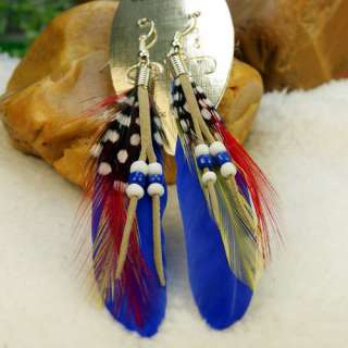 Multi beads Pheasant Blue Feather Dangle Earrings 1Pair  