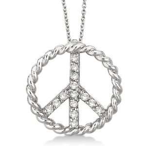  Diamond Peace Sign Swirl Pendant Necklace 14k White Gold 