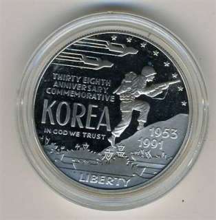 1991 Korean War Memorial proof silver dollar in original display and 