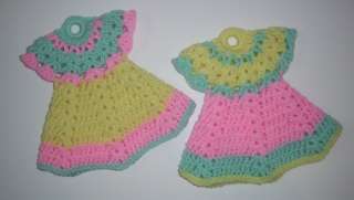 EASTER DOLL DRESS POTHOLDERS, Crochet, Set of 2, NEW, 3 Color Combo 