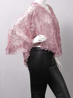 Boho Pink Vine Embroidery Sheer Shrug Top L  