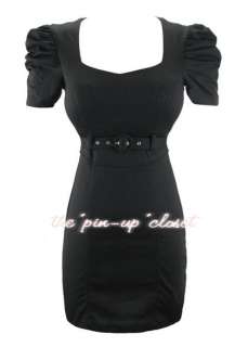 Black Fitted Puff Sleeve Belted Dress LBD Sz S M L  
