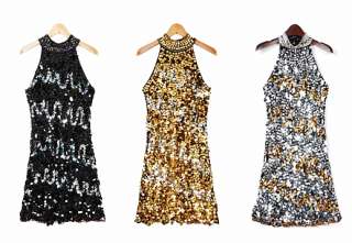 Gold Black Silver Sequin Spangle Halter Handmade Dress  