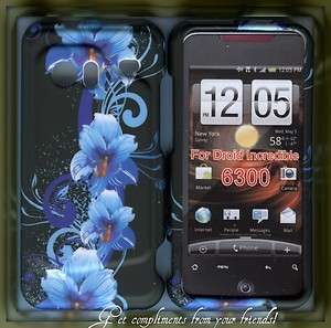 HTC Droid Incredible 6300 Hard snap on Cover Case Blue stunning Flower 