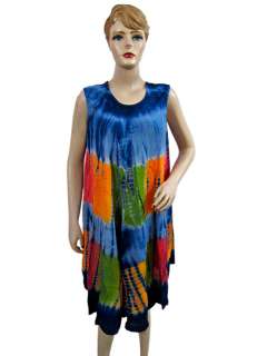 Summer Fashion Bohemian Viscose Dress Tie Dye Print Blue Sleeveless 