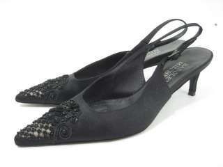 BADGLEY MISCHKA Black Satin Beaded Slingaback Shoes 7.5  