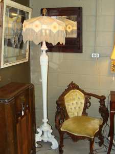 White Painted Wood Floor Lamp with Fringed Shade  