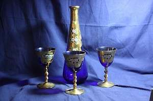 Vintage Czech Bohemian Glass Decanter & 3 Glasses High Enamel Raised 