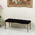 Tufted Grey Leather Bench with Weathered Oak Frame  