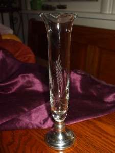 Antique Wheat Etched Glass Pewter Trumpet Bud Vase Fine  