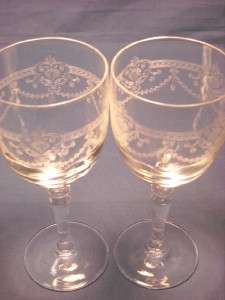VINTAGE DEPRESSION GLASS PEDESTAL CLEAR ETCHED WINE GLASS SCROLLS 6 