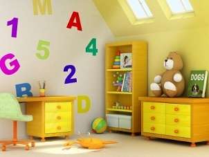 Bright wall covering decals in a childs room